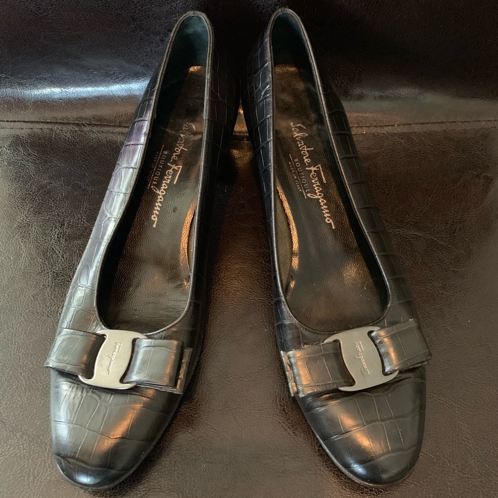 Salvatore Ferragamo Black Croc-Embossed Flats